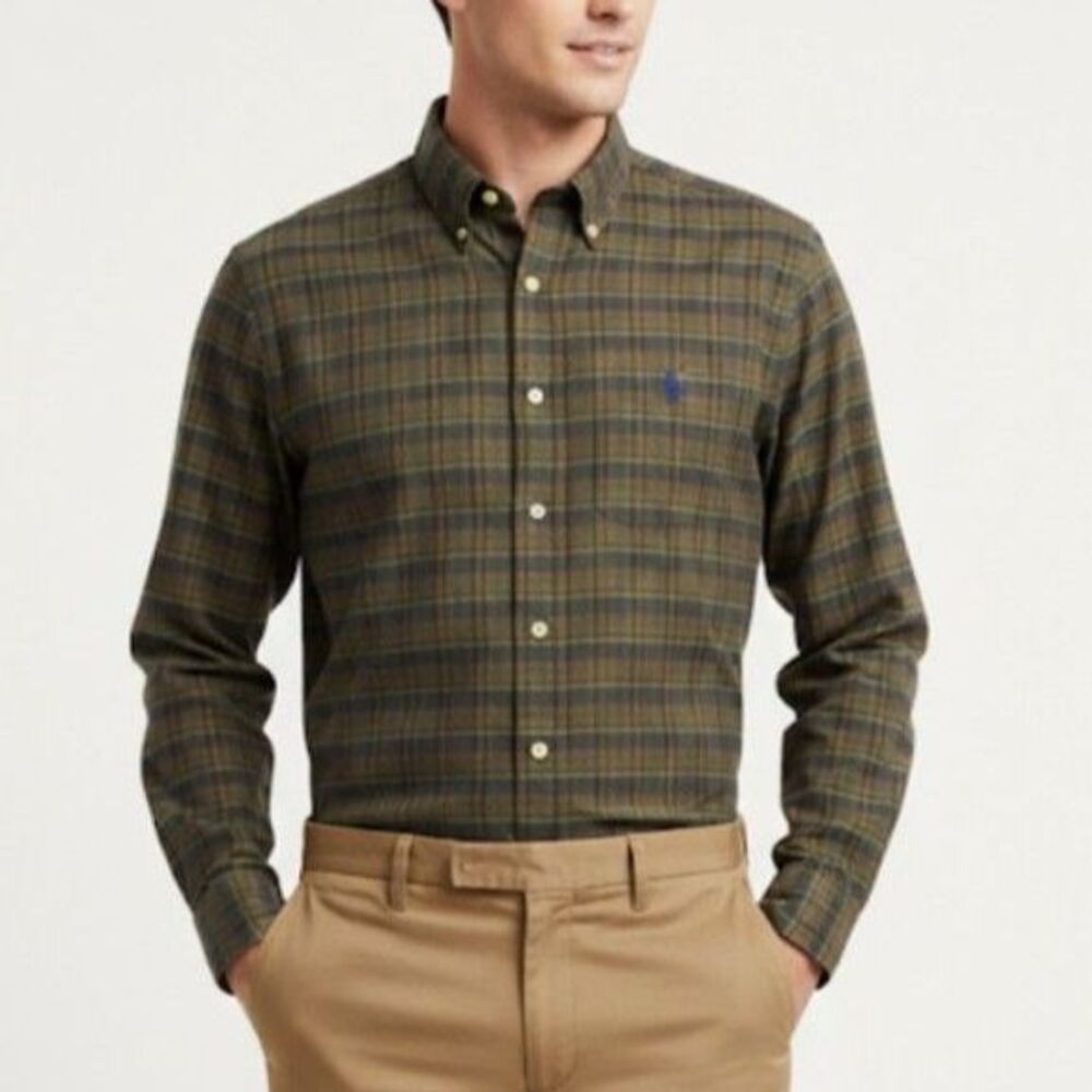 Ralph Lauren Men's Olive Blue Tartan Plaid Cotton LS Button-Down Shirt Sz XL